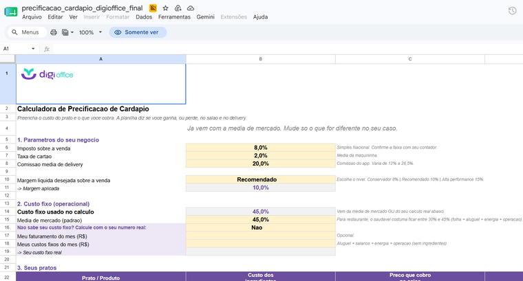 Print da calculadora de precificação no Google Sheets